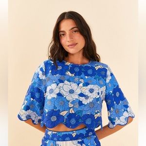 NWT Farm Rio Blue and White Flowers Striped Crop Top